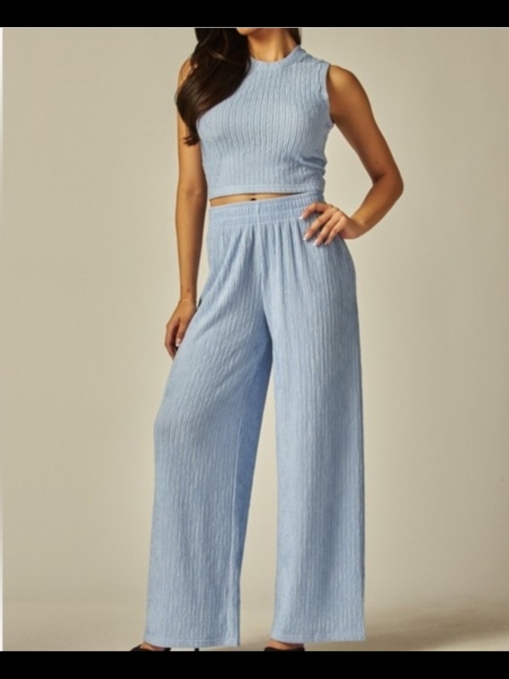 Matching Set Wide Leg Ribbed Knit Pants - Light Blue
